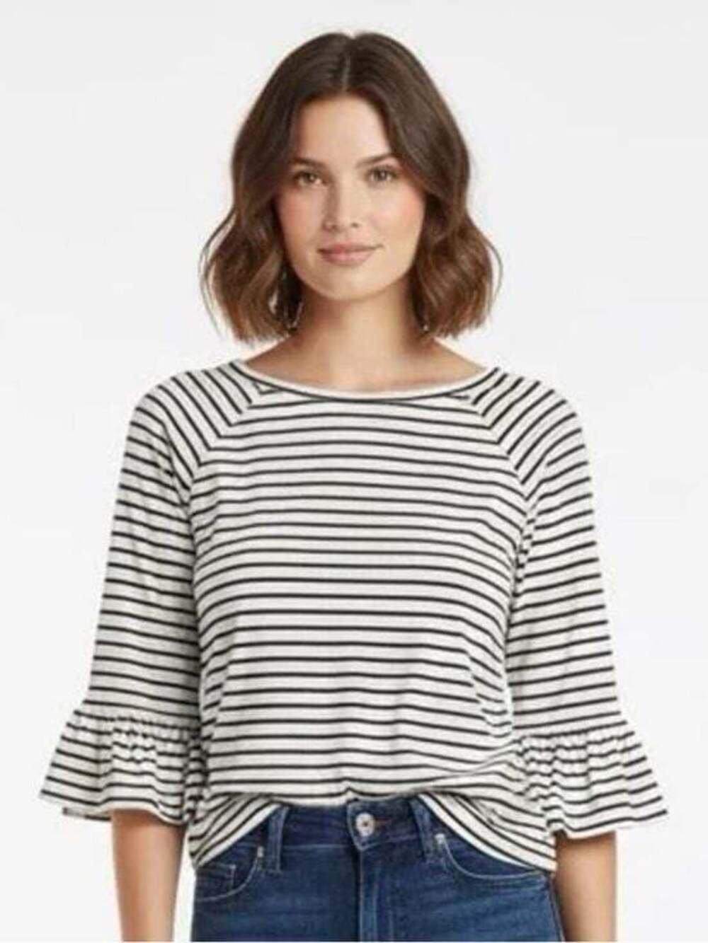 Rafaella Black & White Striped Ruffle-Sleeve Top Small